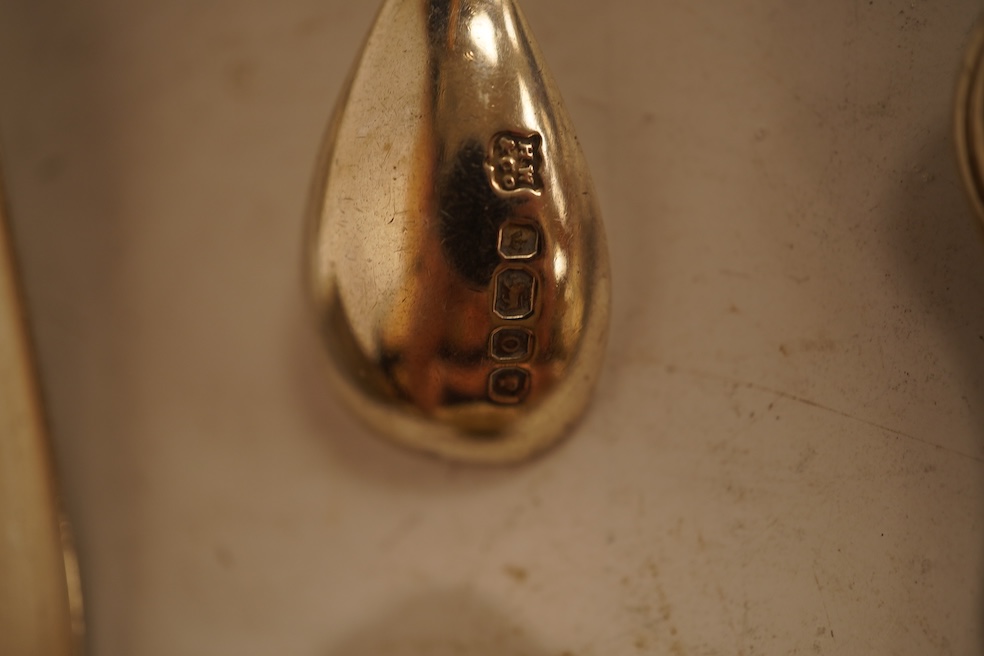 A small quantity of assorted mainly 19th century and later small flatware including teaspoons, coffee spoons and condiment spoons, various dates and makers, a Dutch? white metal spoon and a Victorian silver christening t